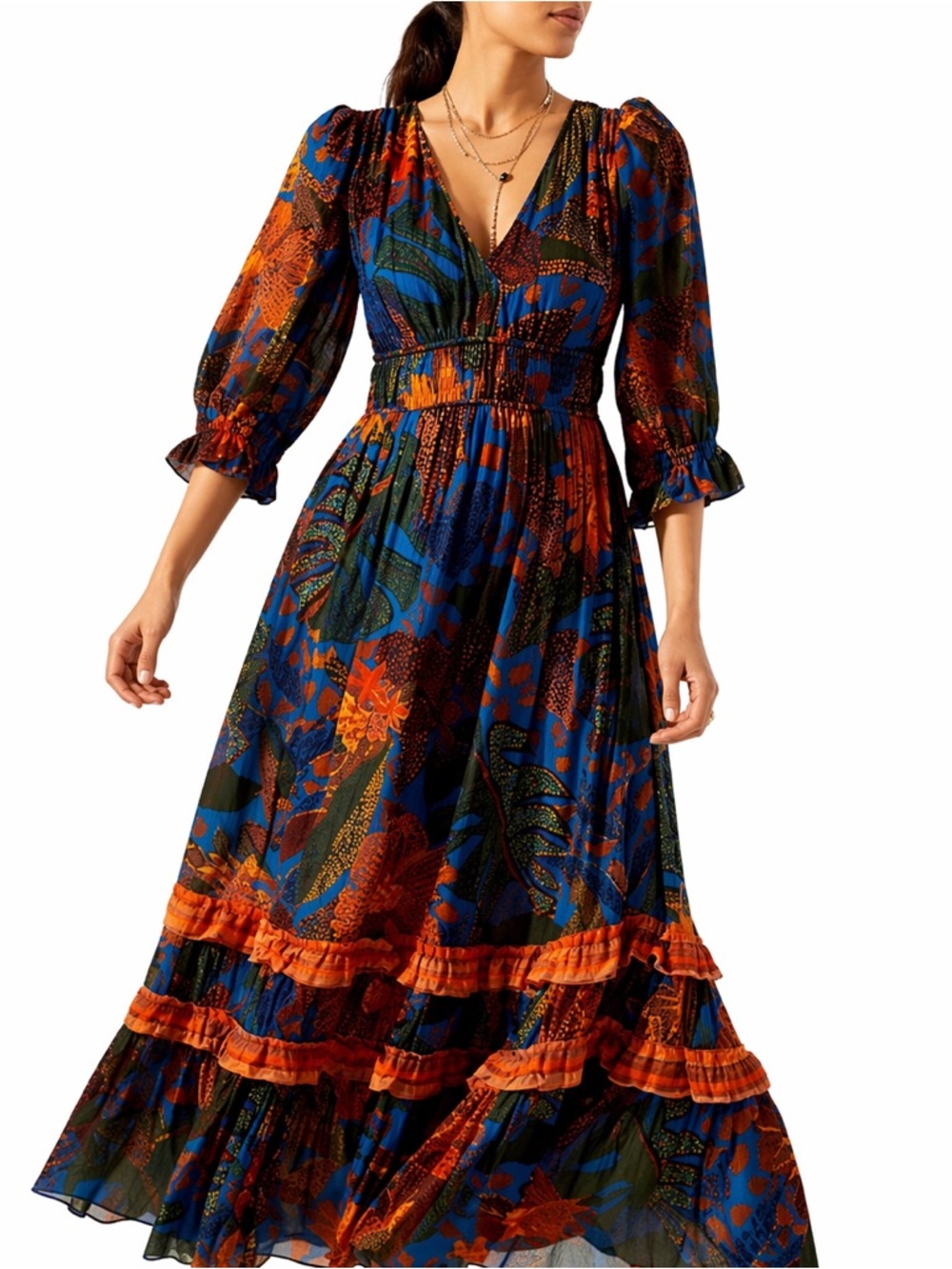 Farm Rio Boho Floral Maxi Dress Blue Orange Smocked Waist Puff Sleeve XS NWT